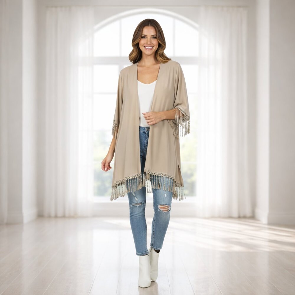 2 for $20 Ms. Bella D Tassel Open Cardigan Cover Up Large Beige Boho Flowy Light